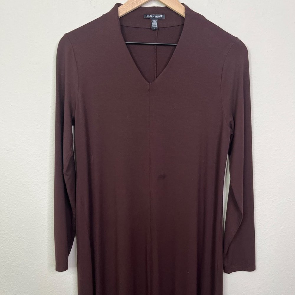 Eileen Fisher Women's Brown V-Neck Calf Length Dress Size Small Long Sleeve - Picture 5 of 12